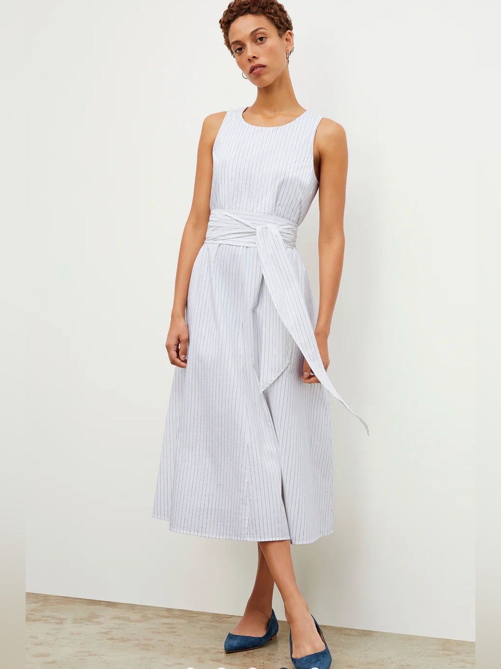 MM. LaFleur Fatima Poplin Dress with Blue Pinstripes and Tie Waist